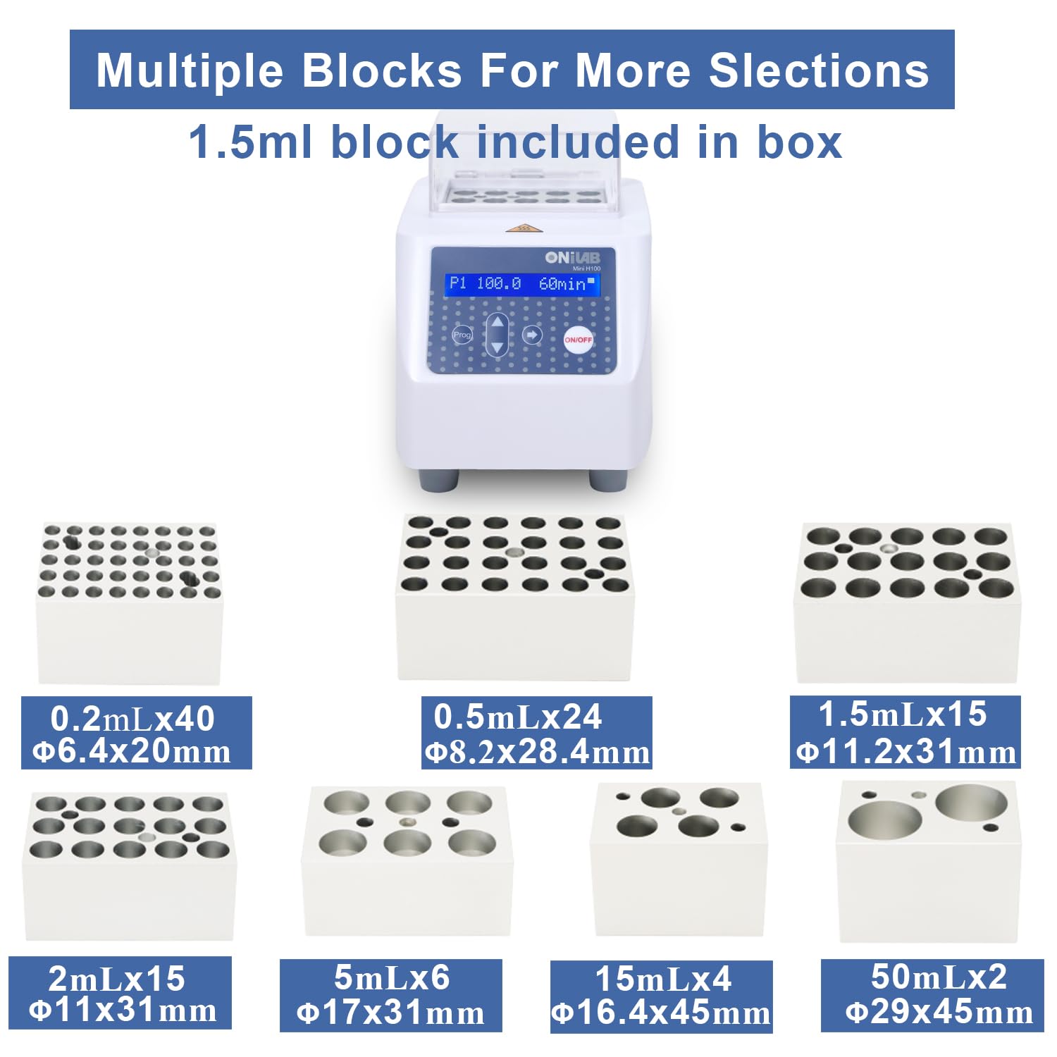 ONiLAB Mini Dry Bath Incubator with 15 x1.5ml Aluminium Heating Block, LCD Display, Timer Control,UP to 100C, 0.5C Accuracy,9 Programs in Memory, Rapid Calibration,Various Blocks for Selecting