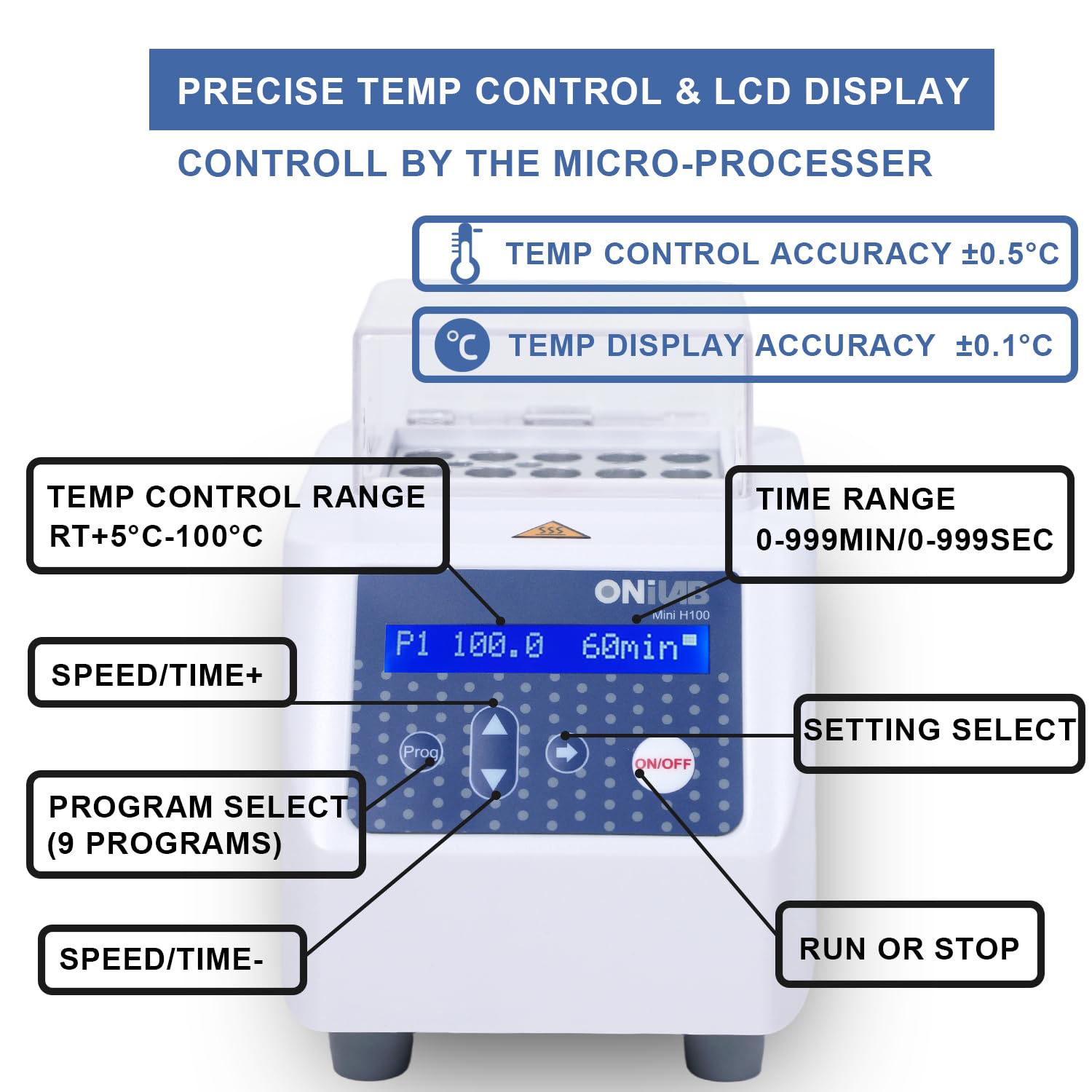 ONiLAB Mini Dry Bath Incubator with 15 x1.5ml Aluminium Heating Block, LCD Display, Timer Control,UP to 100C, 0.5C Accuracy,9 Programs in Memory, Rapid Calibration,Various Blocks for Selecting