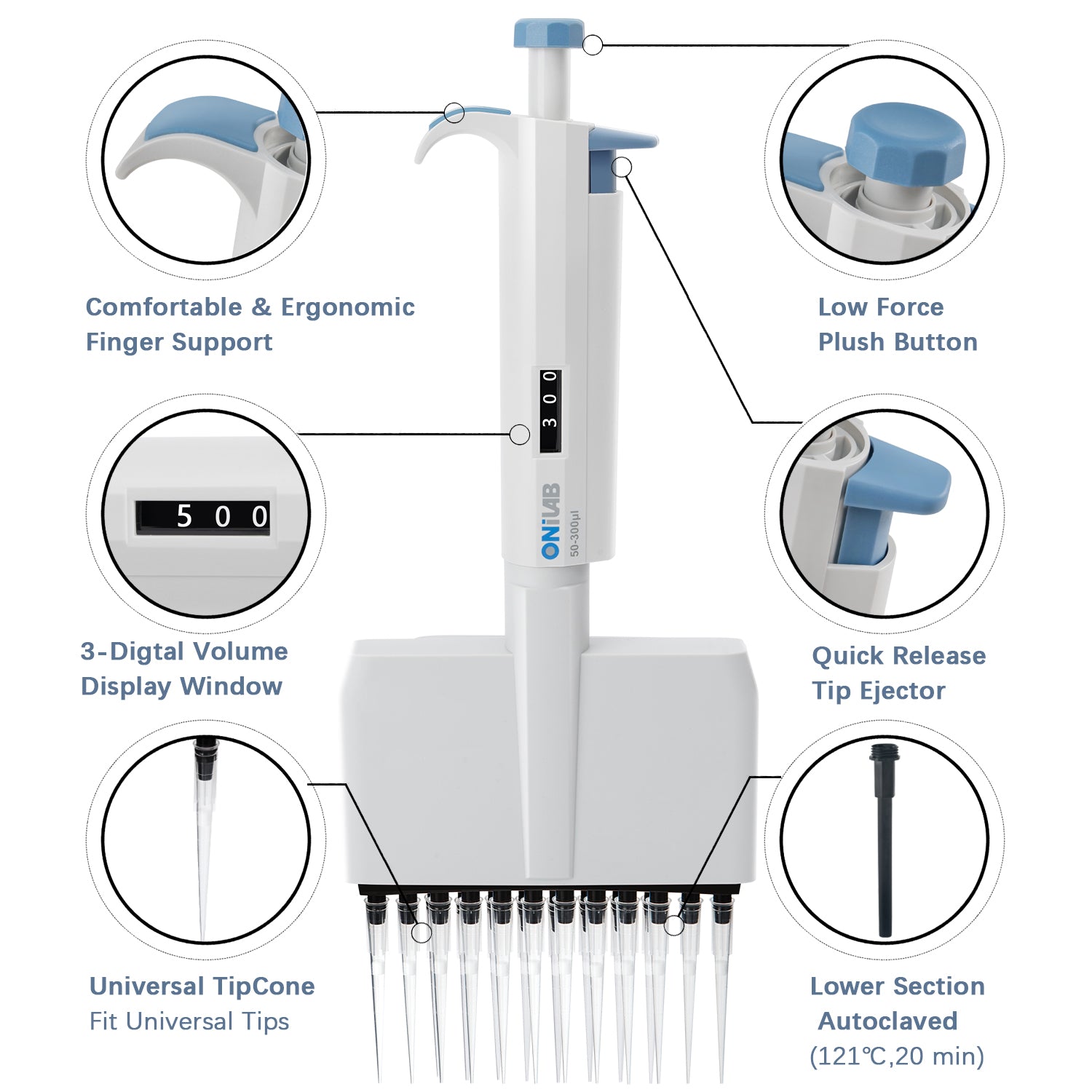 ONiLAB 12-Channel Micropipettes with ranges from 0.5μL-300μL, Multichannel Adjustable Volume Lab Pipettors