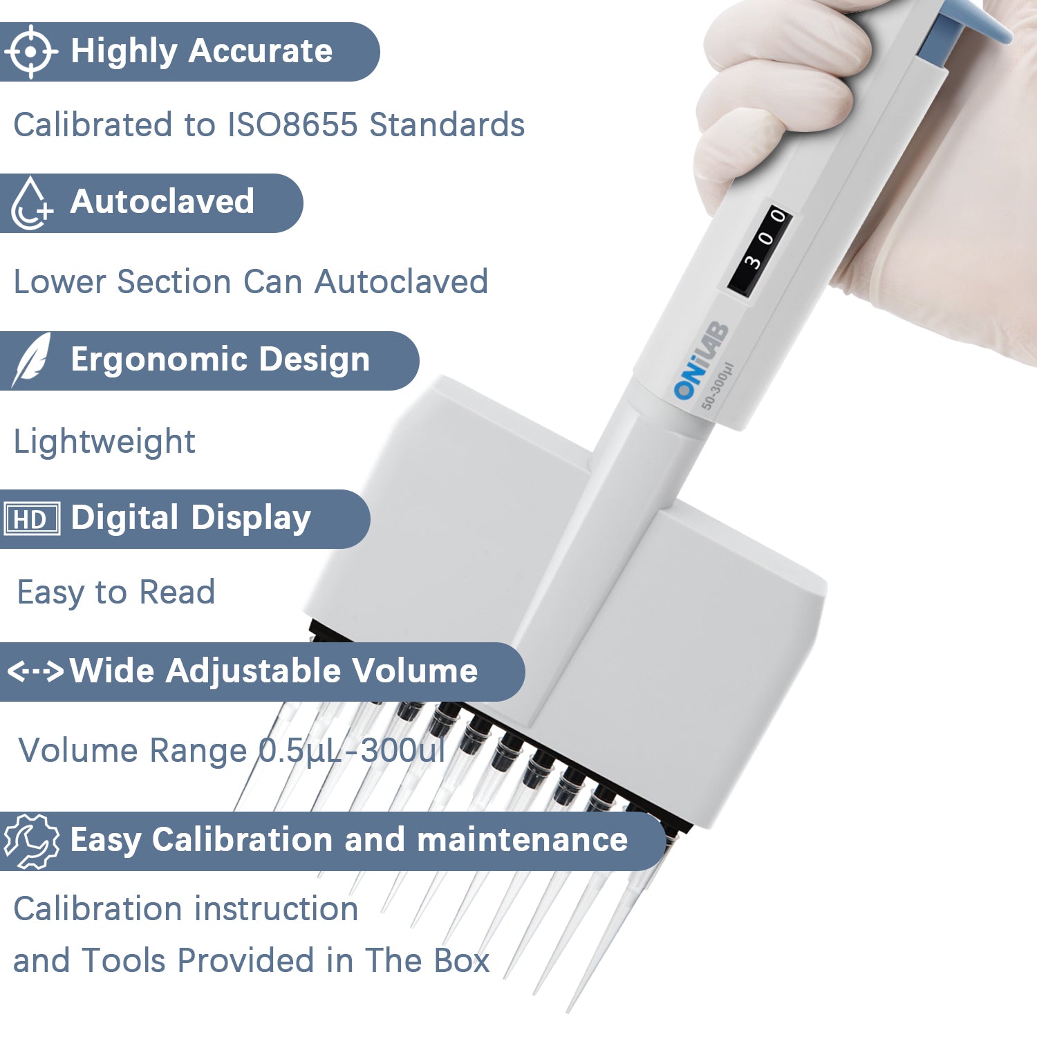ONiLAB 12-Channel Micropipettes with ranges from 0.5μL-300μL, Multichannel Adjustable Volume Lab Pipettors