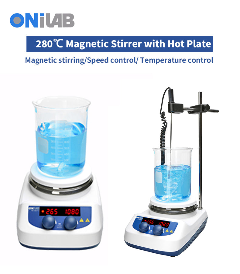 ONiLAB 280℃ 5 inch LED Digital Hotplate Magnetic Stirrer with Ceramic Coated Stainless Steel Work Plate with Support Stand and1pc Stirring Bar (Bar set machine with addtional 8pcs bars)