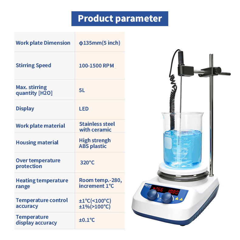 ONiLAB 280℃ 5 inch LED Digital Hotplate Magnetic Stirrer with Ceramic Coated Stainless Steel Work Plate with Support Stand and1pc Stirring Bar (Bar set machine with addtional 8pcs bars)