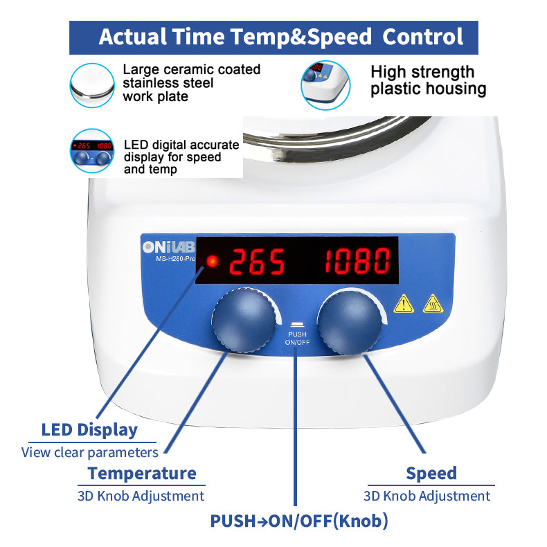 ONiLAB 280℃ 5 inch LED Digital Hotplate Magnetic Stirrer with Ceramic Coated Stainless Steel Work Plate with Support Stand and1pc Stirring Bar (Bar set machine with addtional 8pcs bars)