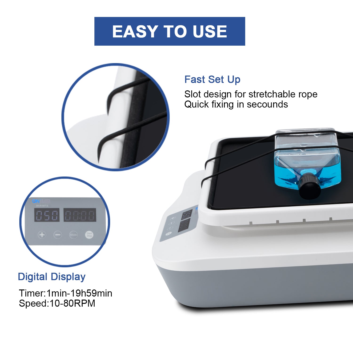 ONiLAB Led Digital Rocking Shaker Adjustable speed 10-80RPM, Rocking Rotator Shaker with continuous mode or timer mode 1min-19h59min, Capacity 2KGS, Digital Display speed and time, Labs and Classrooms
