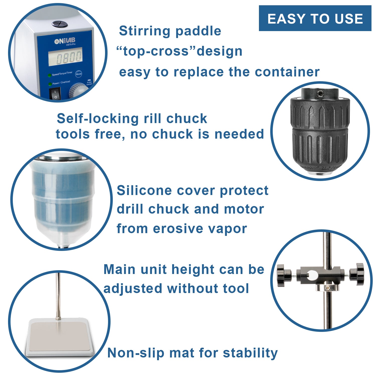 ONiLAB Electric Overhead Stirrer, LCD Digital Overhead Stirrer Mixer with Stirring Rod and Stand,Powerful 70L ,100000 mPas , 50~1100RPM (Stand Included), Dark Blue