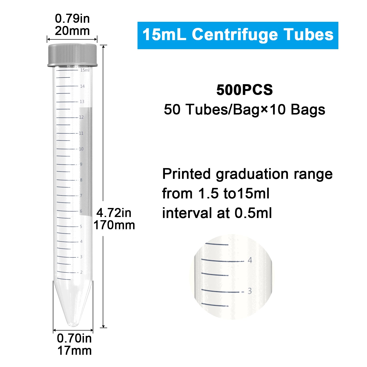 ONiLAB Conical Centrifuge Tubes 15mL, 50/500pcs Plastic Test Tubes with Leakproof Screw Caps, Polypropylene Container with Graduated and Write-on Spot, Sterilized, Non- pyrogenic, DNase/RNase Free