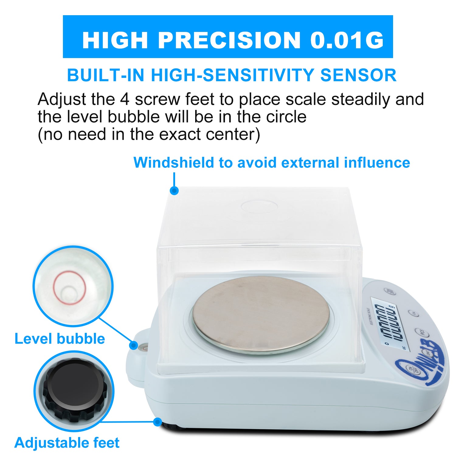 ONiLAB Lab Analytical Balance 100 x 0.001g(3.53x0.000035oz) 0.001g High Precision Electronic Scale LCD Display Scientific Scale with Calibration&Piece Count, Unit Convert, Labs,Kitchen,Jewelry
