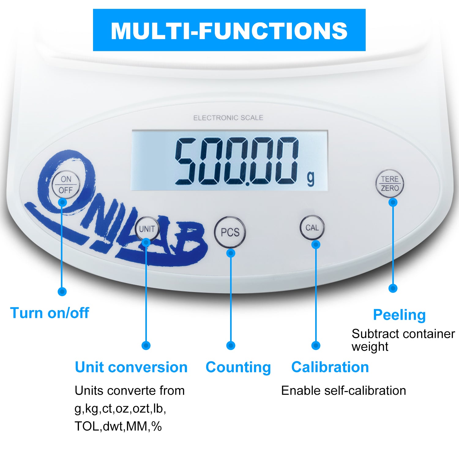 ONiLAB Lab Analytical Balance 5000 x 0.01g(11x0.00002 lb) 0.01g High Precision Electronic Scale LCD Display Scientific Scale with Calibration&Piece Count, Unit Convert,Labs,Kitchen,Jewelry