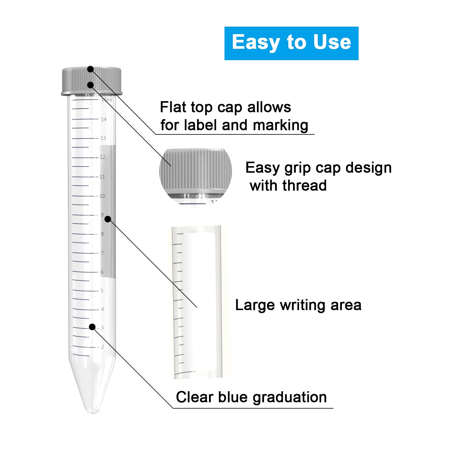 ONiLAB Conical Centrifuge Tubes 15mL, 50/500pcs Plastic Test Tubes with Leakproof Screw Caps, Polypropylene Container with Graduated and Write-on Spot, Sterilized, Non- pyrogenic, DNase/RNase Free