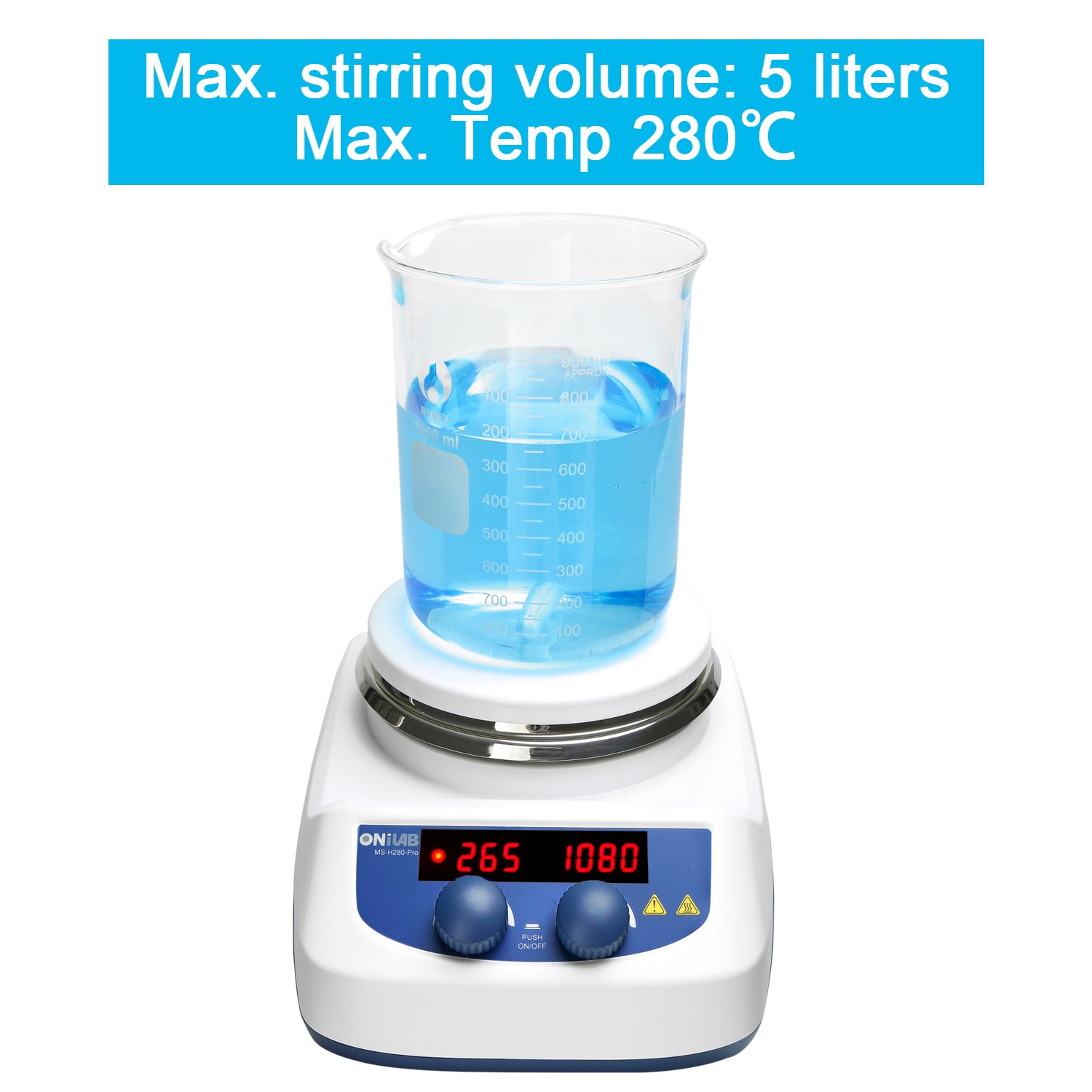 ONiLAB 280℃ 5 inch LED Digital Hotplate Magnetic Stirrer with Ceramic Coated Stainless Steel Work Plate with Support Stand and1pc Stirring Bar (Bar set machine with addtional 8pcs bars)