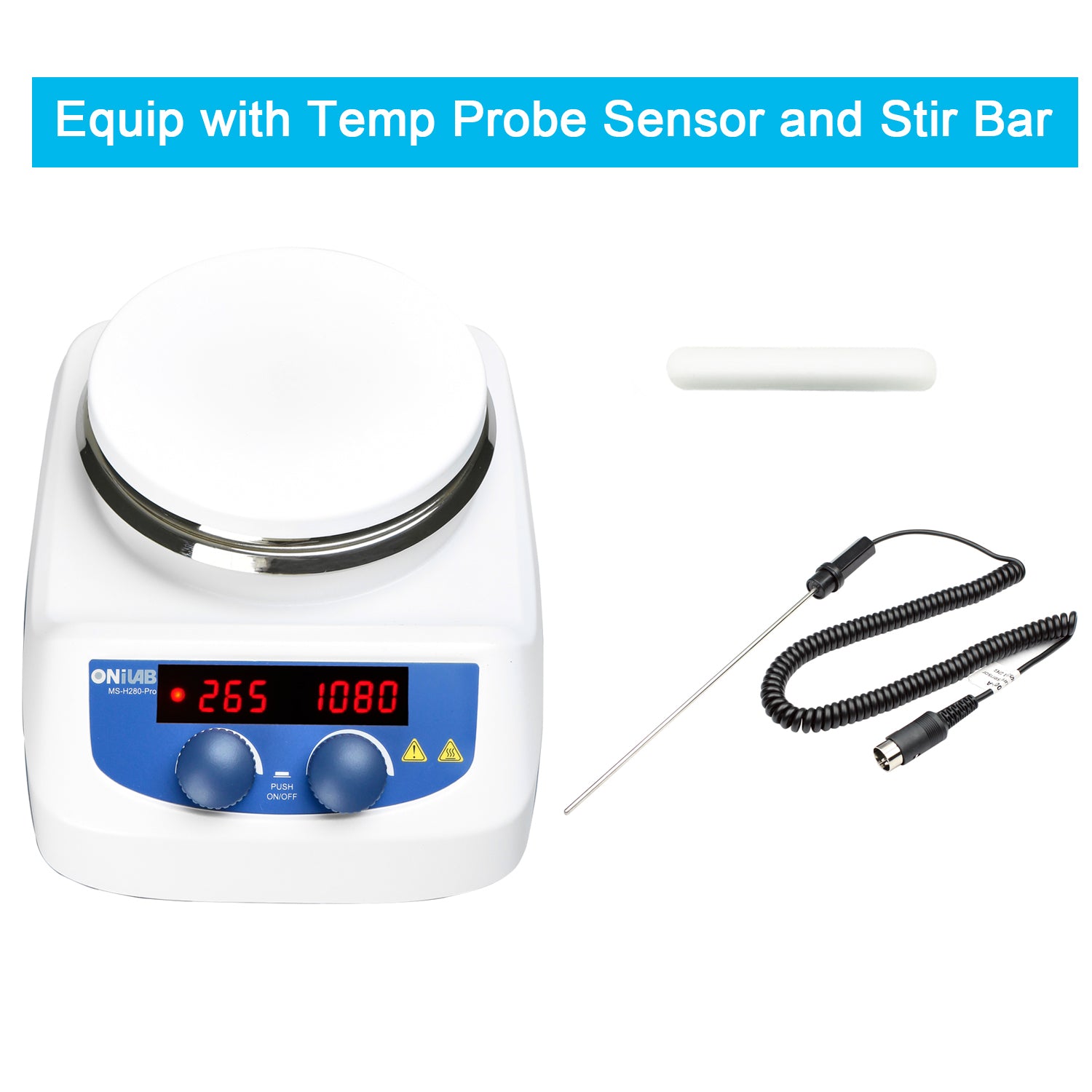 ONiLAB 280℃ 5 inch LED Digital Hotplate Magnetic Stirrer with Ceramic Coated Stainless Steel Work Plate with Support Stand and1pc Stirring Bar (Bar set machine with addtional 8pcs bars)