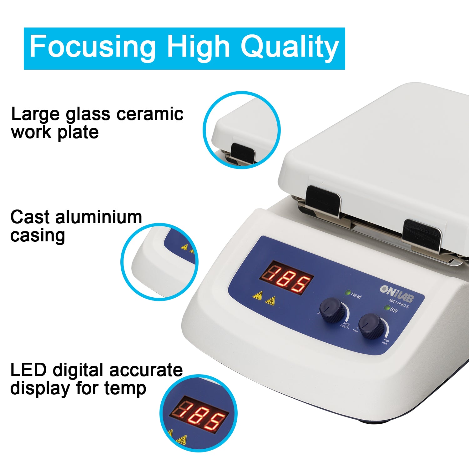ONiLAB 7" LCD /LED Digital Magnetic Hotplate Stirrer Max.Speed 1500rpm Max.Stirring Quantity 20L,Max Heating Temperature to 550℃