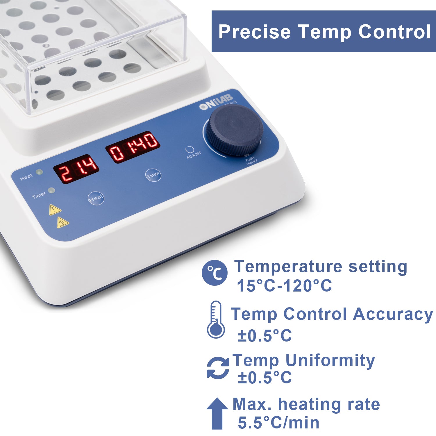 ONiLAB Scientific Dry Bath Incubator with 40 x1.5ml Aluminium Heating Block, LED Display, Timer Control, Temperature 15°C to 120°C, ± 0.5°C Accuracy,Various Blocks for Selecting(Order seperately)
