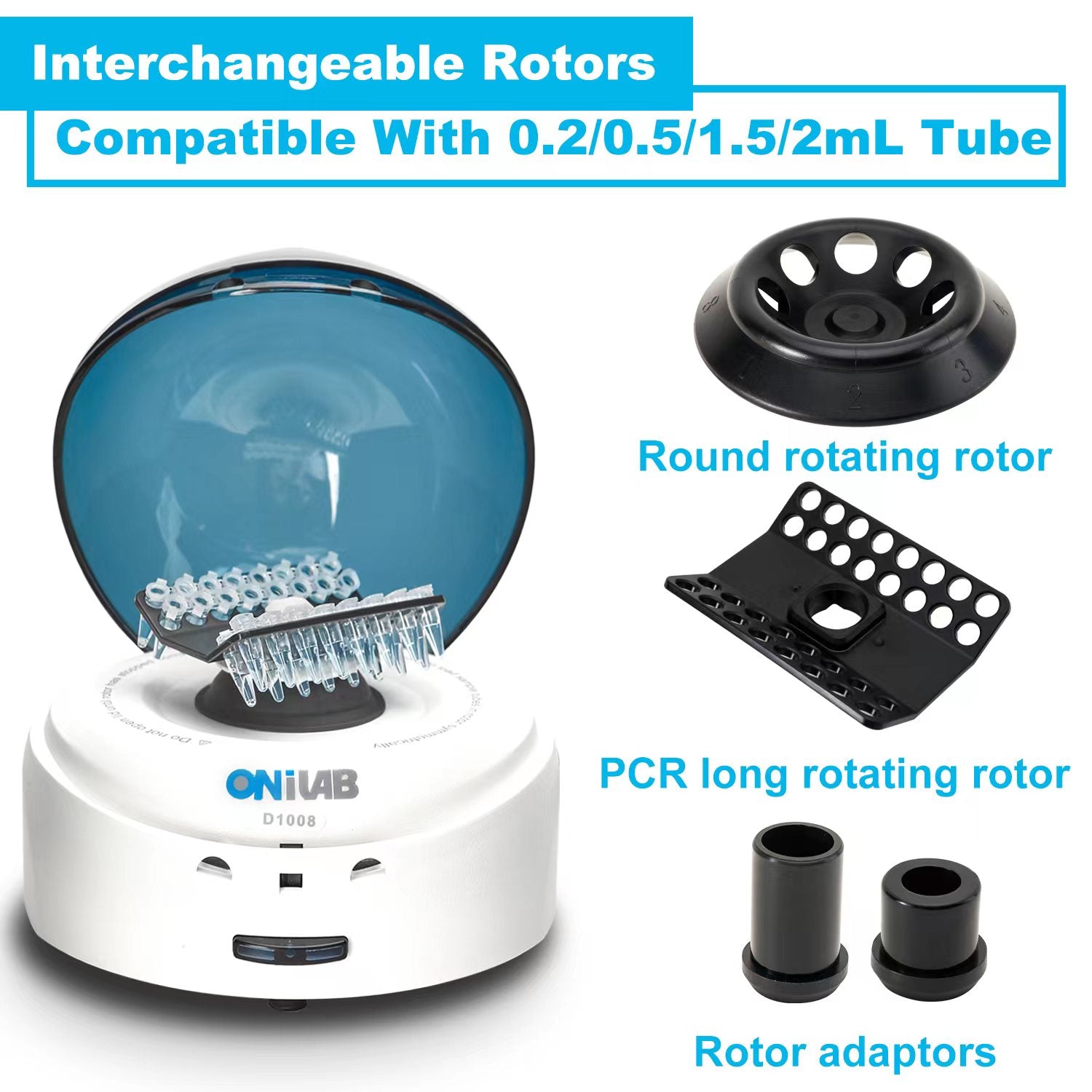 ONiLAB's Scientific Mini Centrifuge 7000RPM, 2680 x g RCF, Lab Benchtop Centrifuge with 2 Rotors for 8 x 0.2/0.5/1.5/2.0ml and 0.2mL×32 PCR Strips, Low Noise≤45dB, 100-240V
