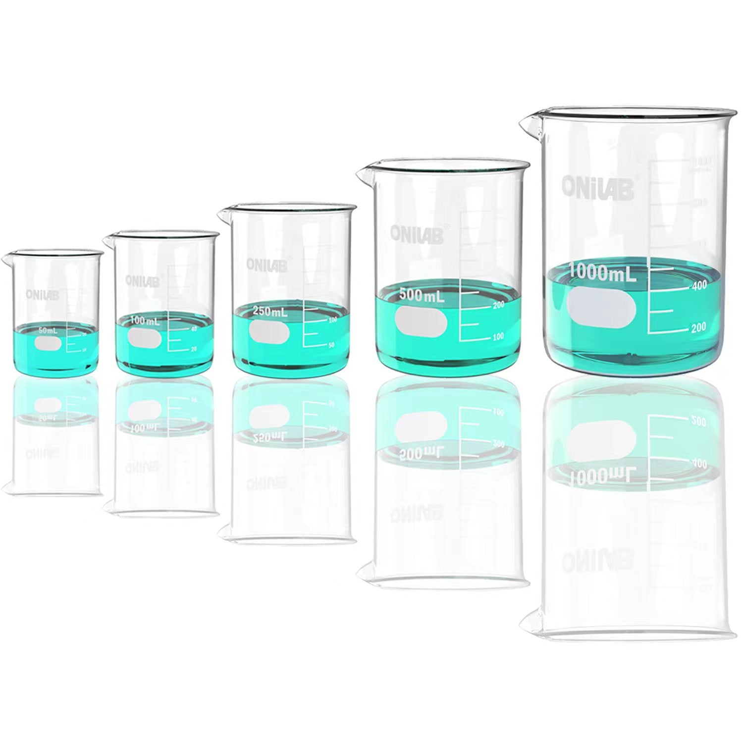 ONiLAB Glass Measuring Beaker Set 50ml 100ml 250ml 500ml 1000ml(Pack of 5) 3.3 Boro Griffin Low Form with Printed Graduation Scientific Glassware for Laboratories, Classrooms or Home Use