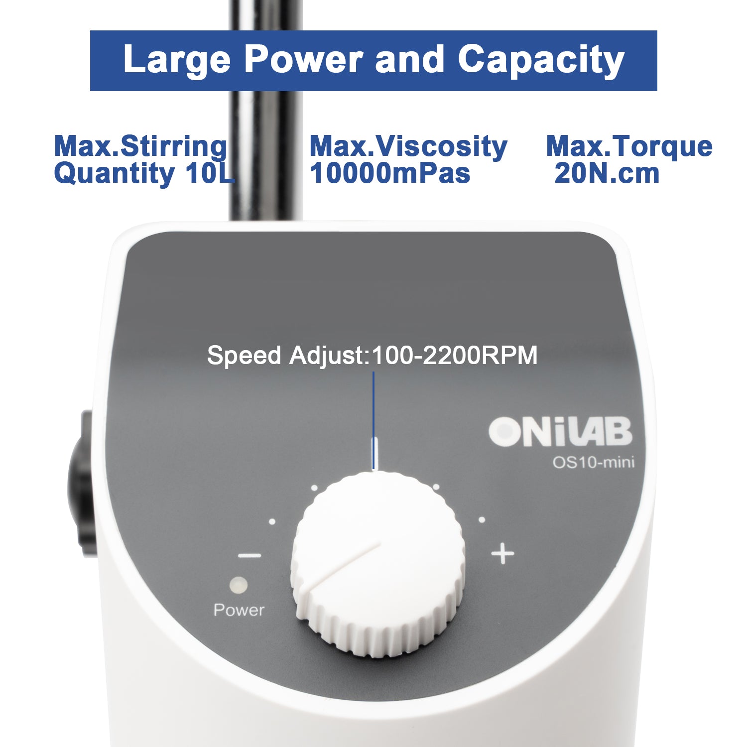 ONiLAB Lab Analog Overhead Stirrer, 10L Capacity, 100-2500rpm Adjustable Speed,Max.Viscosity 10000mpas, Lab Mixer with Overload Protection, Overhead Mixer with Support Stand&Two Stirring Rods,110-220V