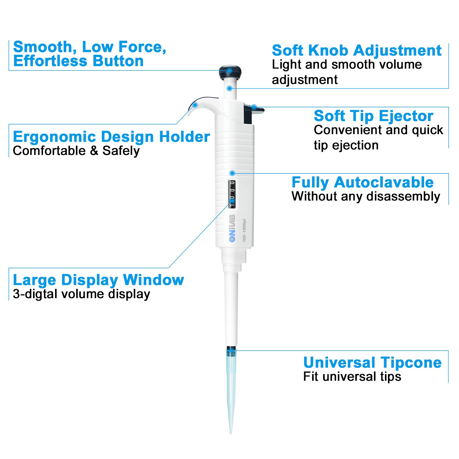 ONiLAB Lab Micropipette, Single Channel Pipette,Adjustable Volume Pipette, Micro Pipettes, High Precision Pipettor,Fully Autoclavable