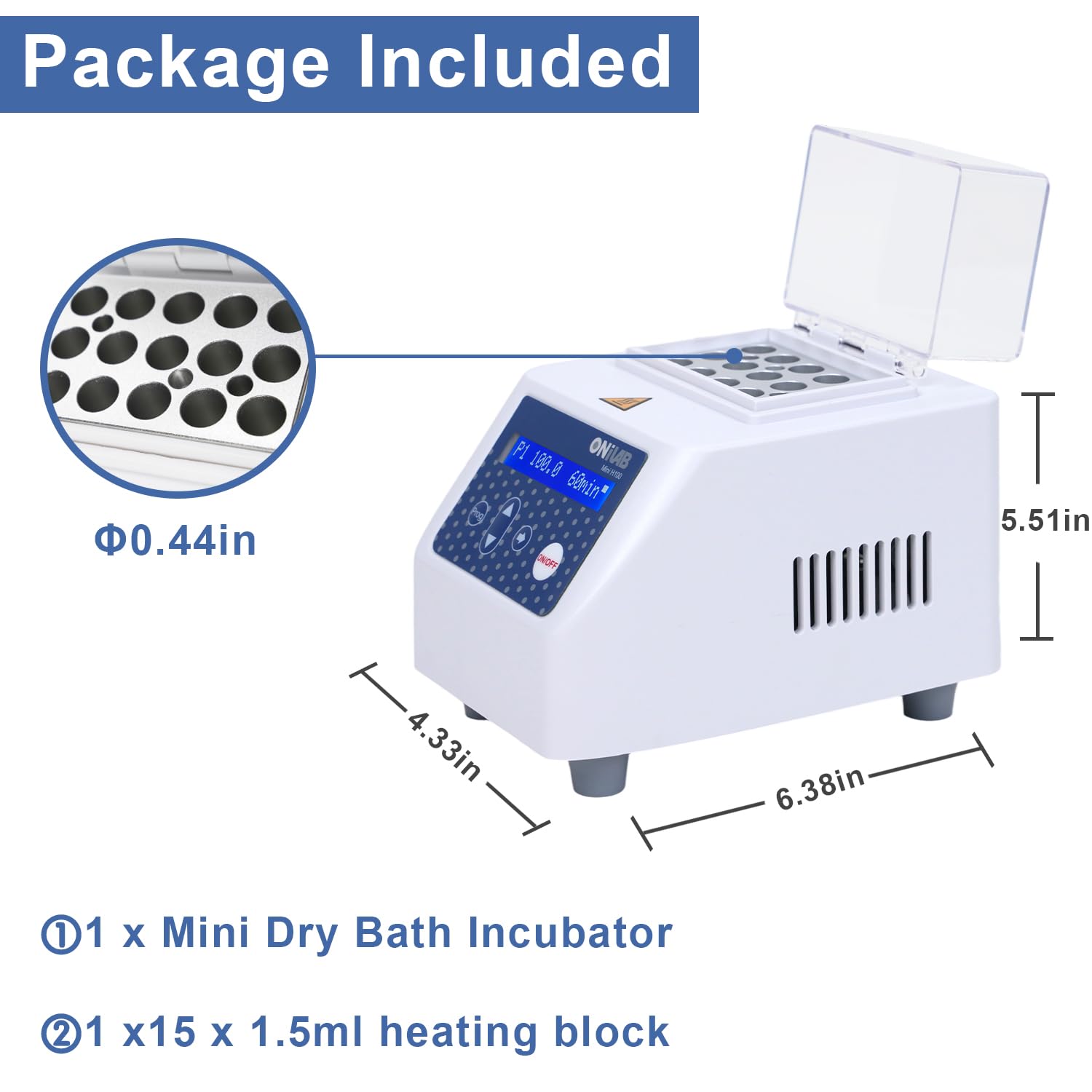 ONiLAB Mini Dry Bath Incubator with 15 x1.5ml Aluminium Heating Block, LCD Display, Timer Control,UP to 100C, 0.5C Accuracy,9 Programs in Memory, Rapid Calibration,Various Blocks for Selecting