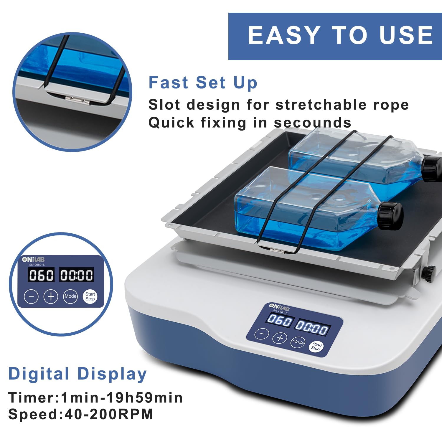 ONiLAB Digital Orbital Shaker Adjustable Speed 40-200RPM,Capacity 2KGS, Orbital Rotator Shaker with Continuous Mode or Timer Mode(1min-99h59min), Replaceable Platform,Labs and Classrooms