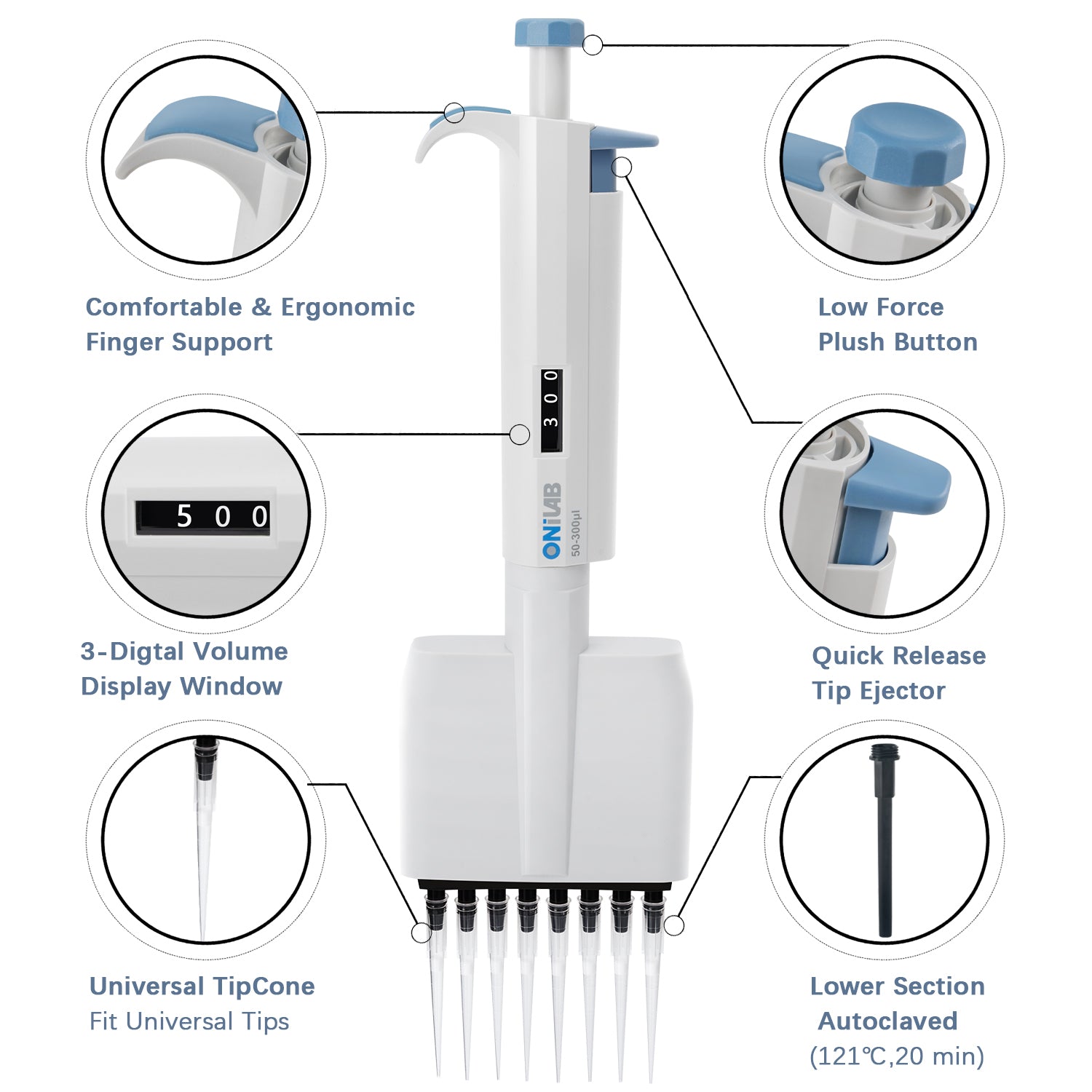 ONiLAB 8-Channel Micropipettes with ranges from 0.5μL-300μL, Multichannel Adjustable Volume Lab Pipettors