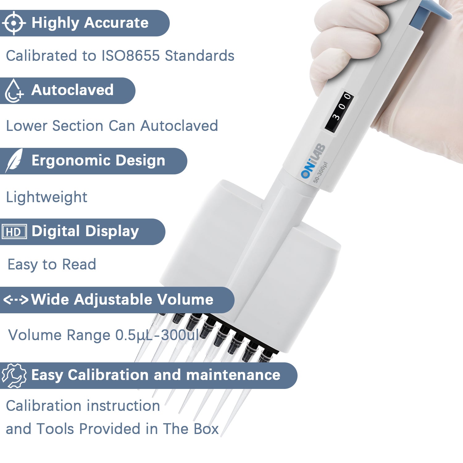 ONiLAB 8-Channel Micropipettes with ranges from 0.5μL-300μL, Multichannel Adjustable Volume Lab Pipettors