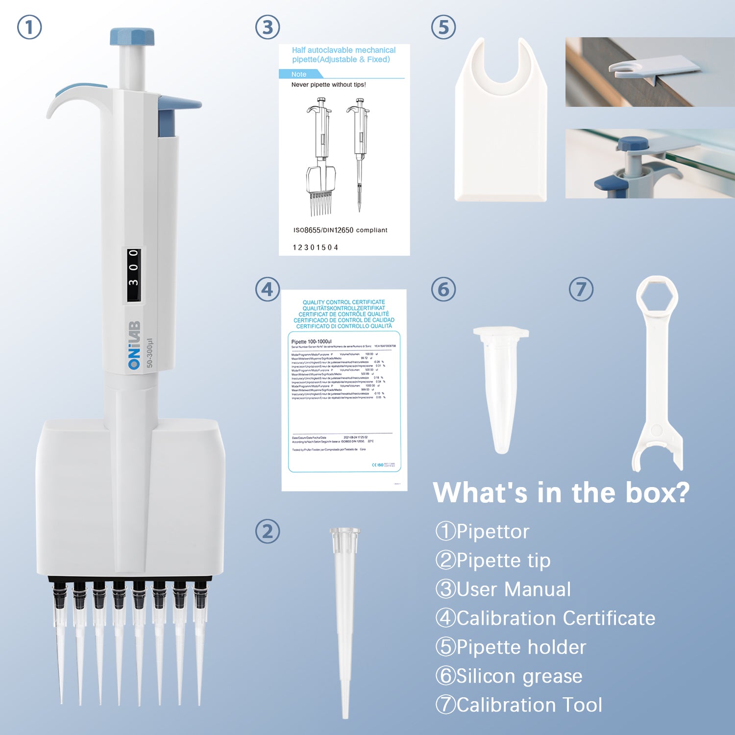 ONiLAB 8-Channel Micropipettes with ranges from 0.5μL-300μL, Multichannel Adjustable Volume Lab Pipettors