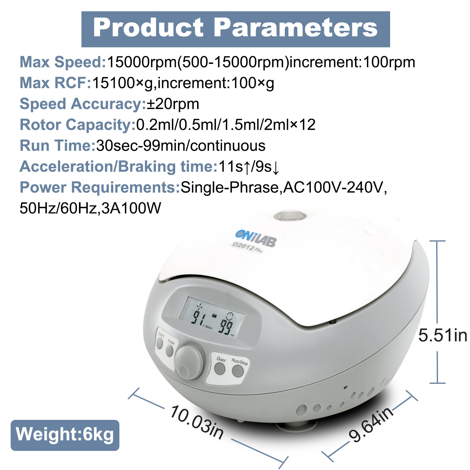 ONiLAB LCD Digital High Speed Mini Centrifuge15000rpm, Capacity 0.2/0.5/1.5/2ml x 12 Place,Max RCF 15100xg,Low Noise≤54dB, 100-240V