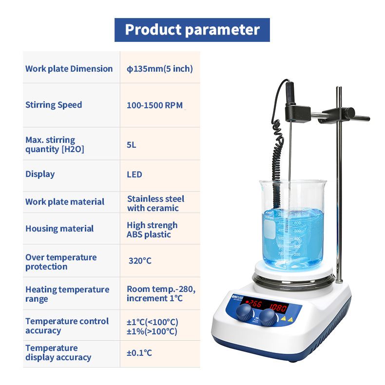 ONiLAB 280℃ 5 inch LED Digital Hotplate Magnetic Stirrer with Ceramic Coated Stainless Steel Work Plate with Support Stand and1pc Stirring Bar （Bar set machine with addtional 8pcs bars）