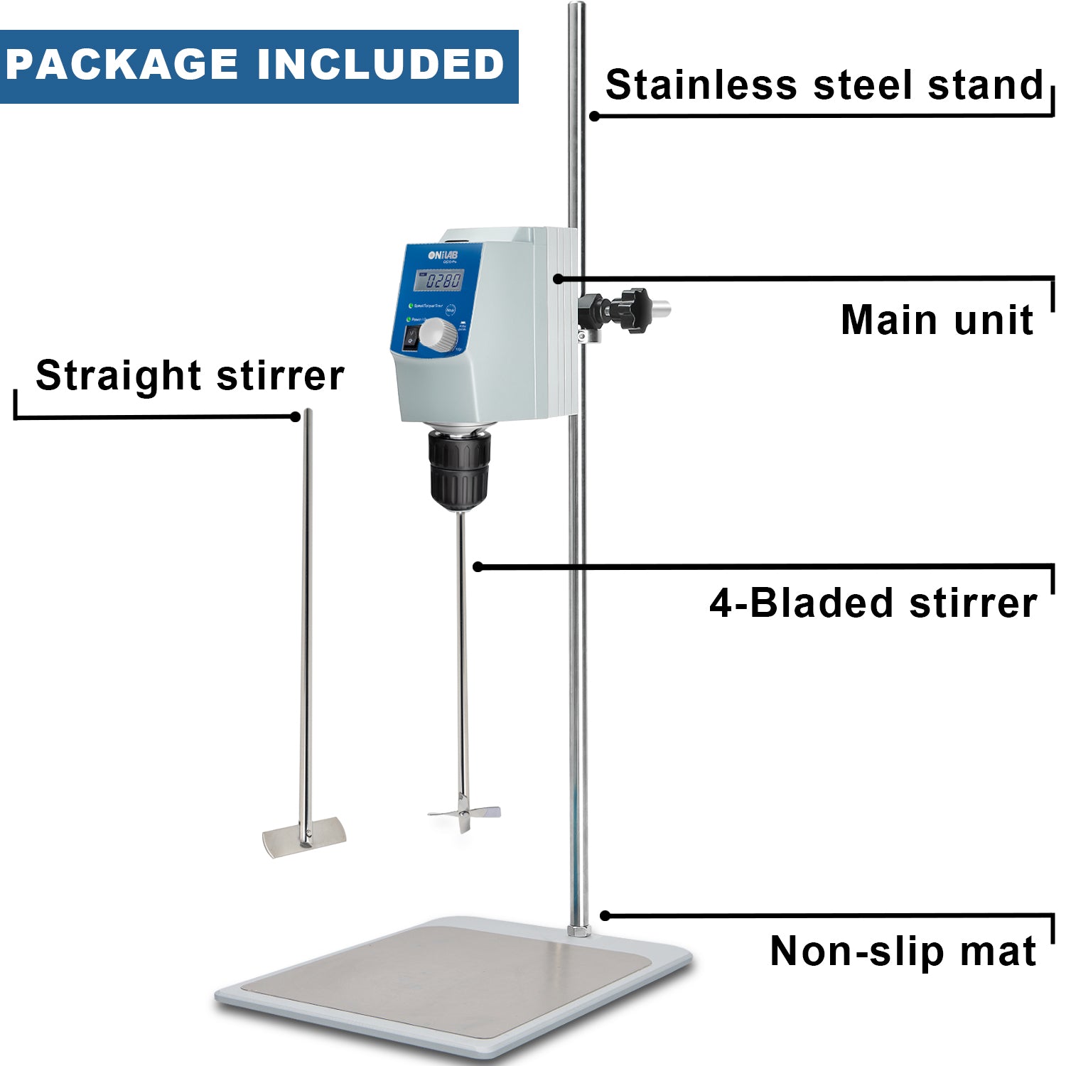 ONiLAB Electric Overhead Stirrer, LCD Digital Overhead Stirrer Mixer with Stirring Rod and Stand，Powerful 70L ，100000 mPas ， 50~1100RPM （Stand Included), Dark Blue