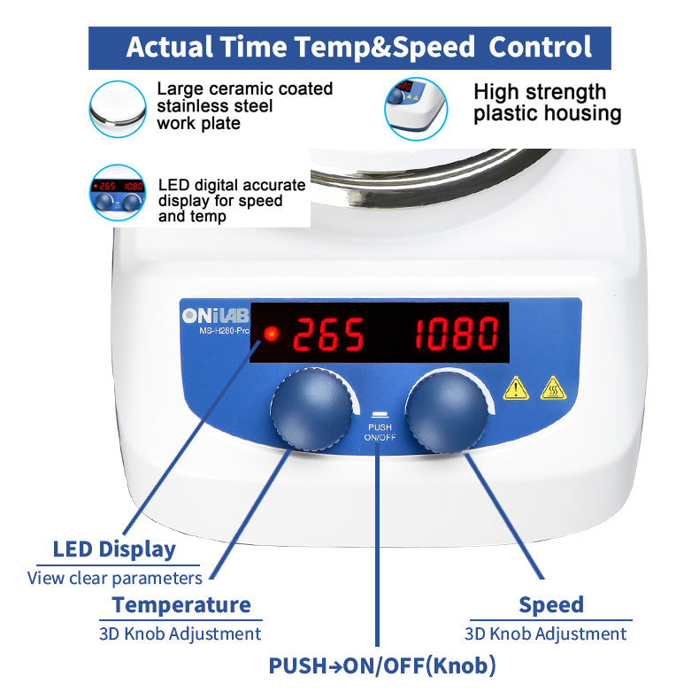 ONiLAB 280℃ 5 inch LED Digital Hotplate Magnetic Stirrer with Ceramic Coated Stainless Steel Work Plate with Support Stand and1pc Stirring Bar （Bar set machine with addtional 8pcs bars）