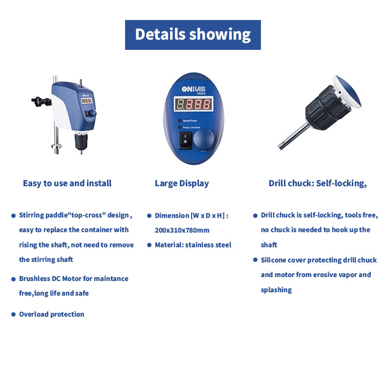ONiLAB Electric Overhead Stirrer, LCD/LED Digital Overhead Stirrer Mixer with Stirring Rod,20L,10000 mPas,50~2200RPM, Aluminum Alloy