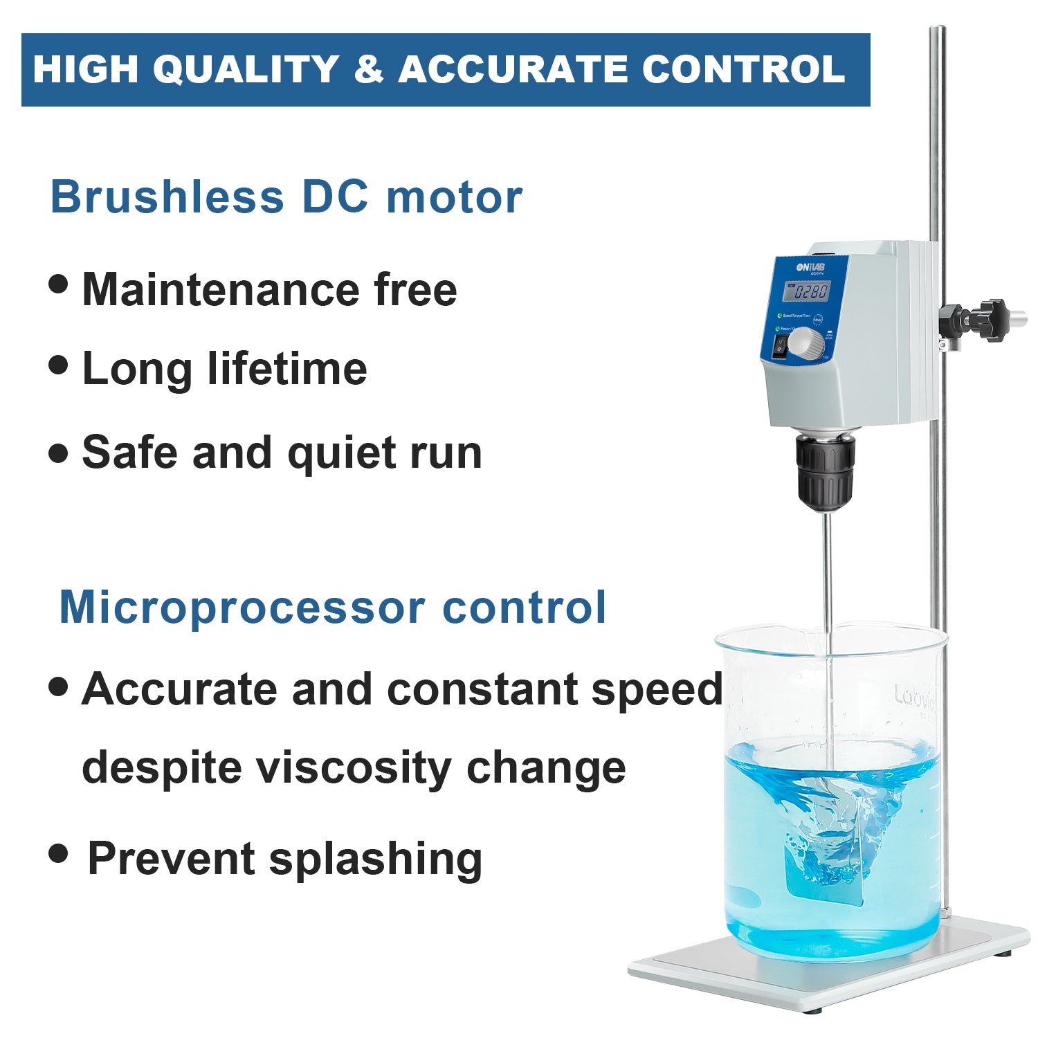 ONiLAB Electric Overhead Stirrer, LCD Digital Overhead Stirrer Mixer with Stirring Rod and Stand，Powerful 70L ，100000 mPas ， 50~1100RPM （Stand Included), Dark Blue