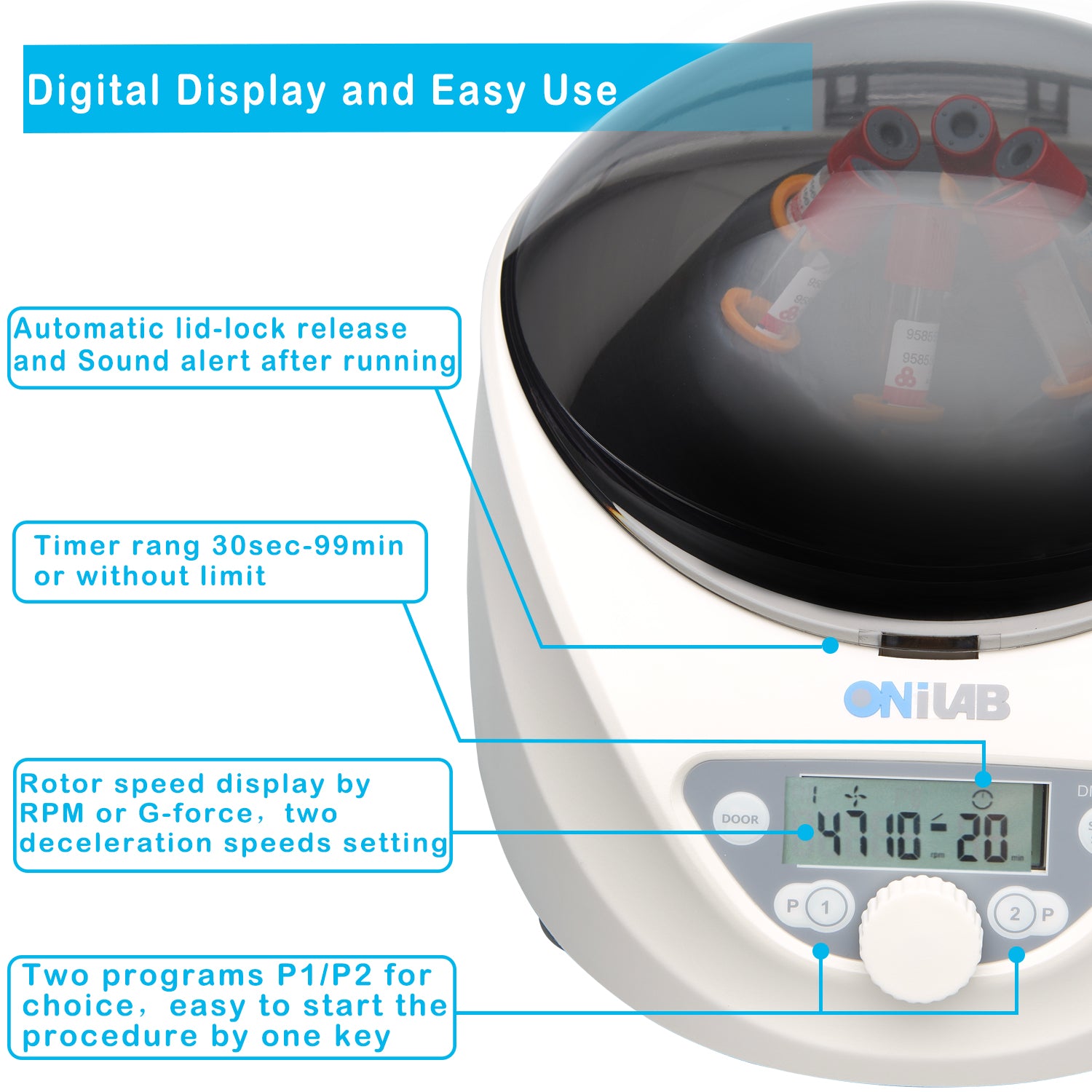 ONiLAB Lab PRP Benchtop Centrifuge 6x15mL/10mL/7mL/1.5-5ml, 300-5000rpm(Max. 2600xg RCF),LCD Digital Desktop Lab Centrifuge Timer 30sec-99min, Two Quick Start Programs