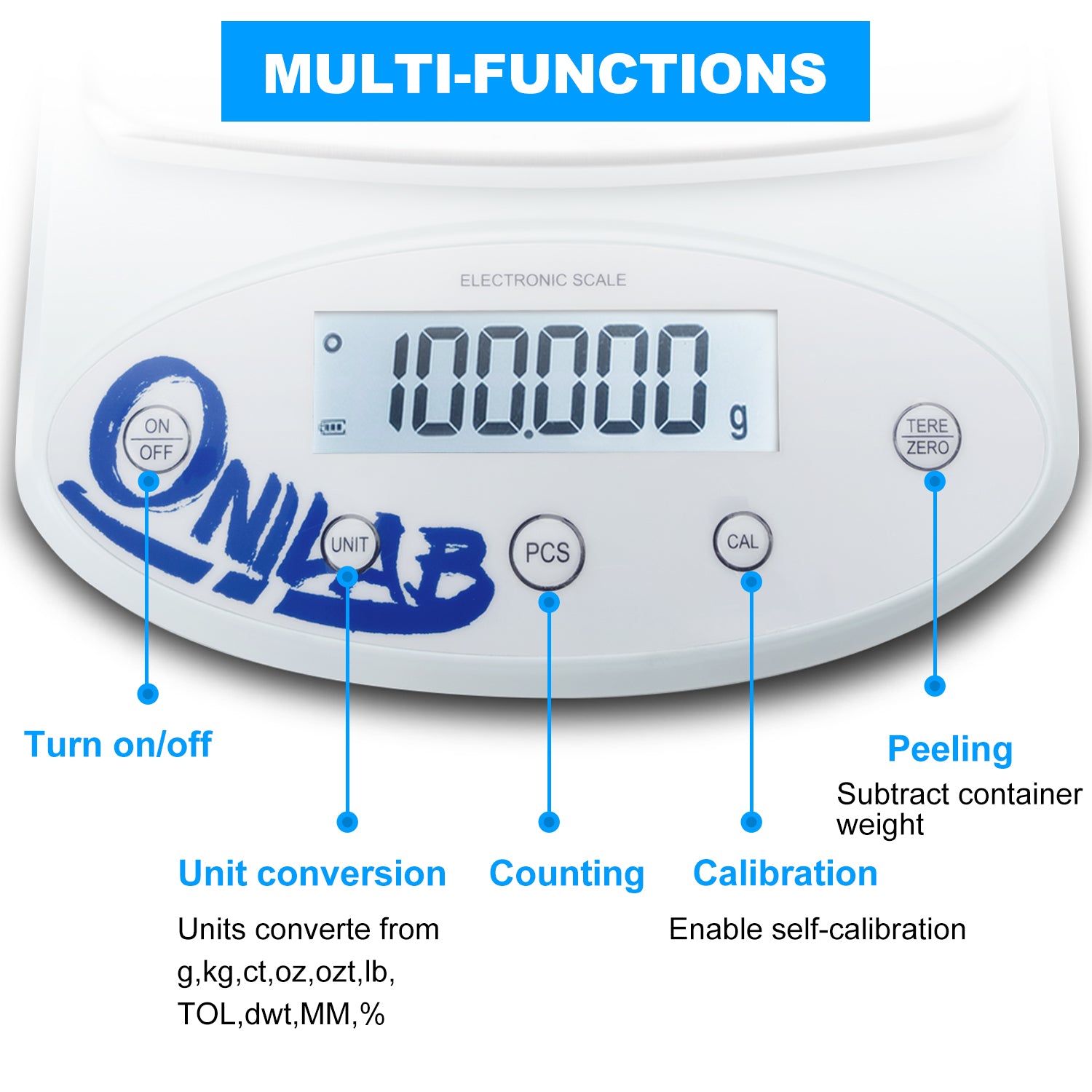 ONiLAB Lab Analytical Balance 1000 x 0.01g(2.2x0.00002 lb) 0.01g High Precision Electronic Scale LCD Display Scientific Scale with Calibration&Piece Count, Unit Convert,Labs,Kitchen,Jewelry