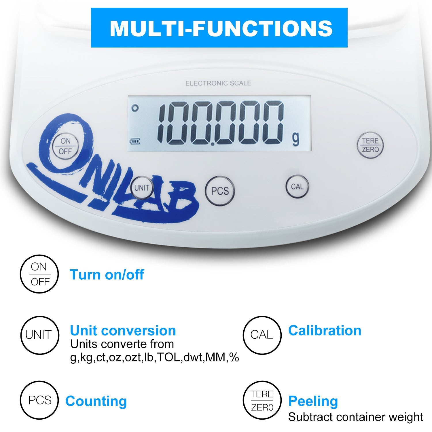 ONiLAB Lab Analytical Balance 1000 x 0.01g(2.2x0.00002 lb) 0.01g High Precision Electronic Scale LCD Display Scientific Scale with Calibration&Piece Count, Unit Convert,Labs,Kitchen,Jewelry