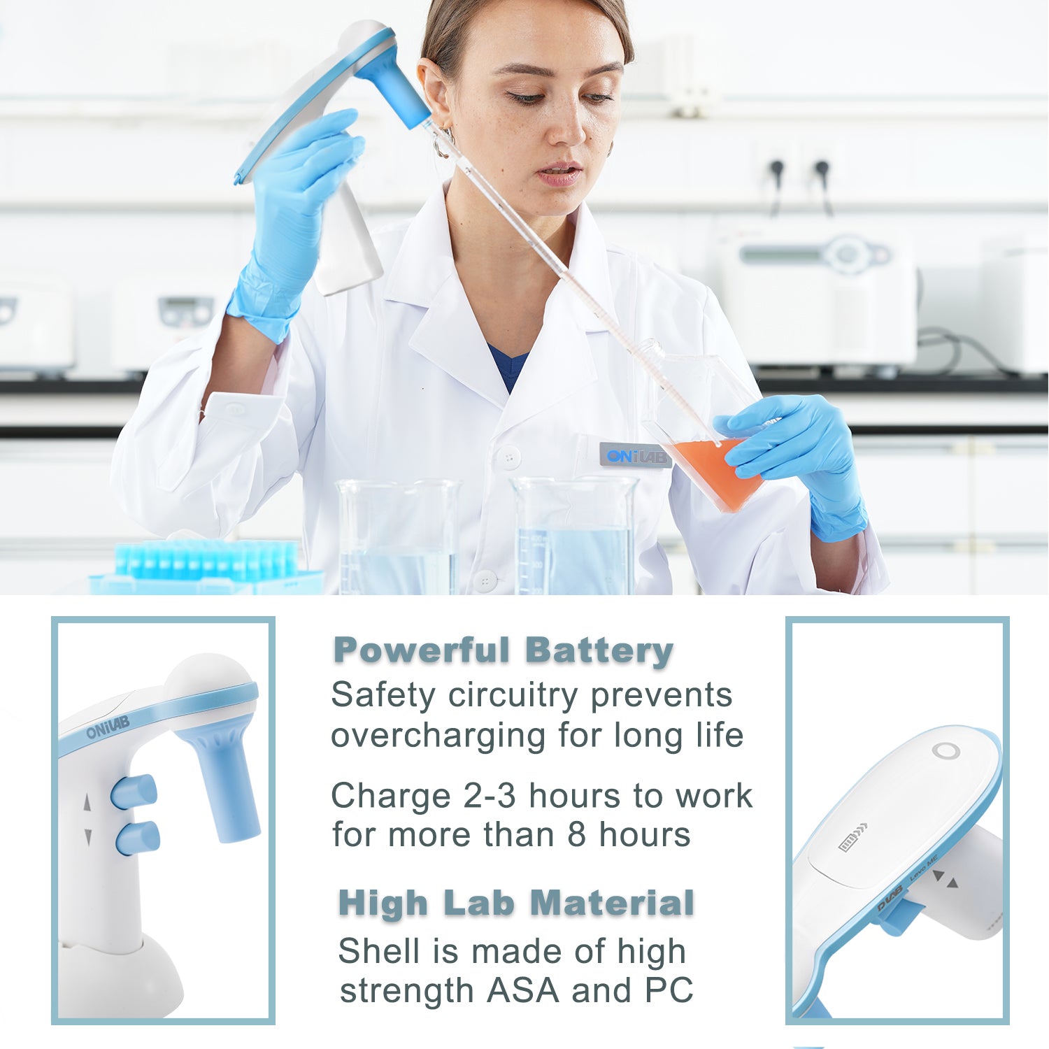 ONiLAB Electric Pipette Controller,Automatic Motorized Pipette Filler, Electric Pipettor, 0.1-100ml,Adjustable Speed (Light Blue)
