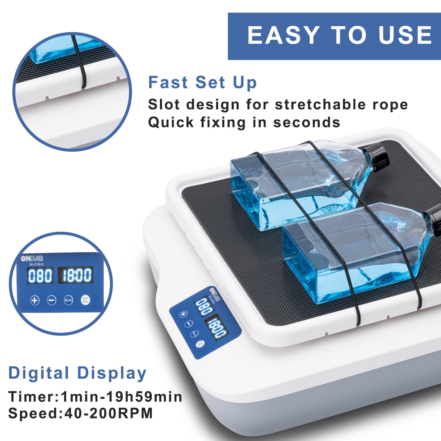 ONiLAB Digital Orbital Shaker Adjustable Speed 40-200RPM,Capacity 2KGS, Orbital Rotator Shaker with Continuous Mode(Set time to Zero) or Timer Mode, LCD Display Speed and time, Labs and Classrooms