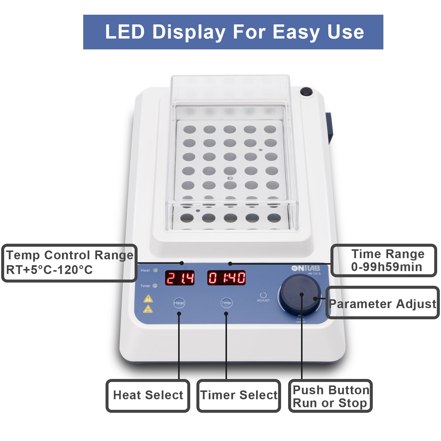 ONiLAB Scientific Dry Bath Incubator with 40 x1.5ml Aluminium Heating Block, LED Display, Timer Control, Temperature 15°C to 120°C， ± 0.5°C Accuracy,Various Blocks for Selecting(Order seperately)