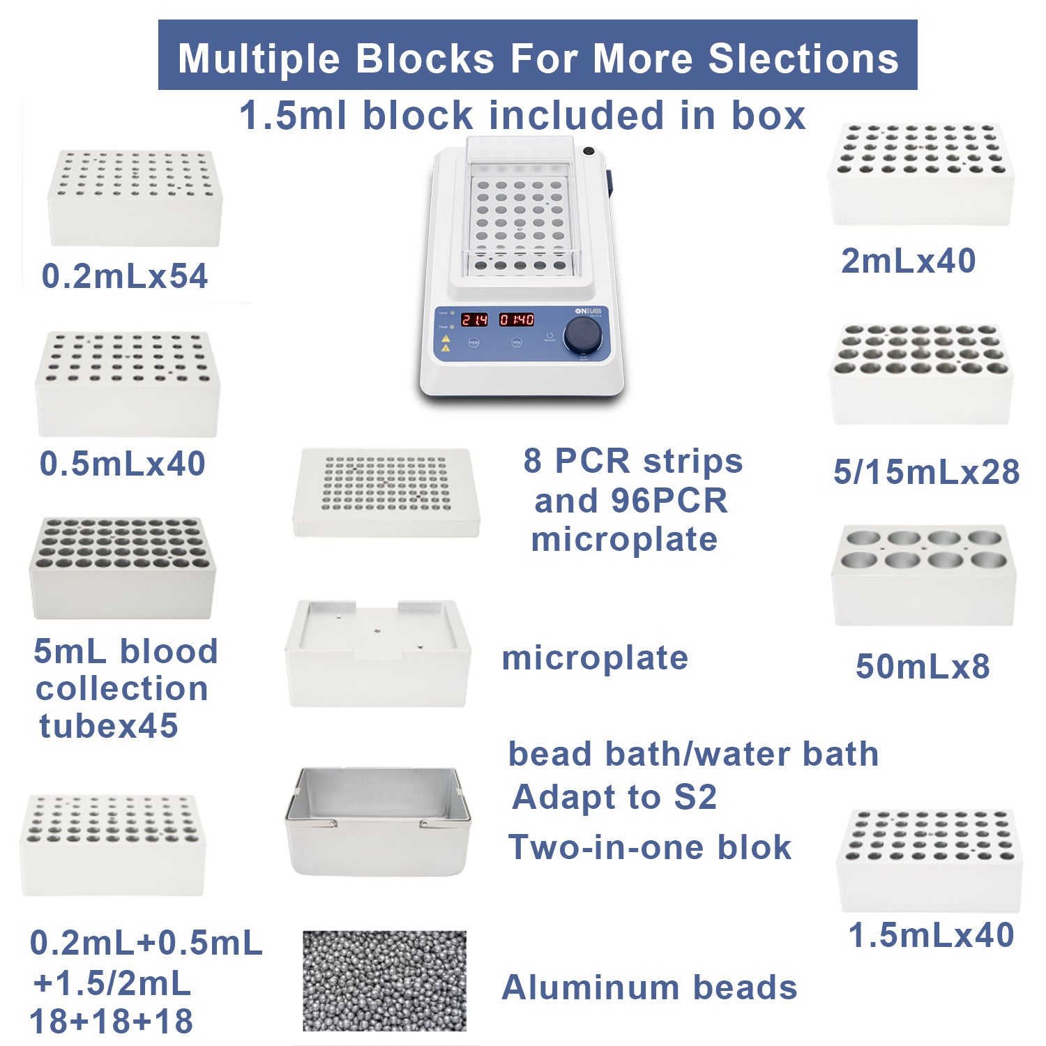 ONiLAB Scientific Dry Bath Incubator with 40 x1.5ml Aluminium Heating Block, LED Display, Timer Control, Temperature 15°C to 120°C， ± 0.5°C Accuracy,Various Blocks for Selecting(Order seperately)