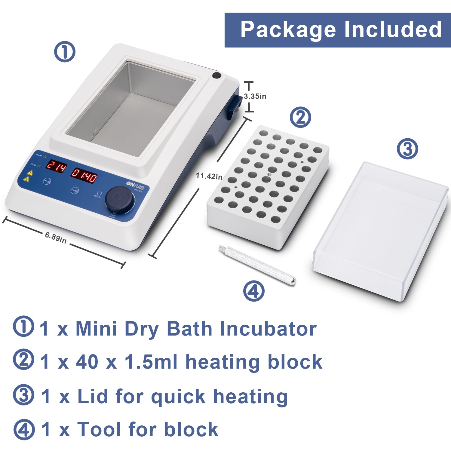 ONiLAB Scientific Dry Bath Incubator with 40 x1.5ml Aluminium Heating Block, LED Display, Timer Control, Temperature 15°C to 120°C， ± 0.5°C Accuracy,Various Blocks for Selecting(Order seperately)