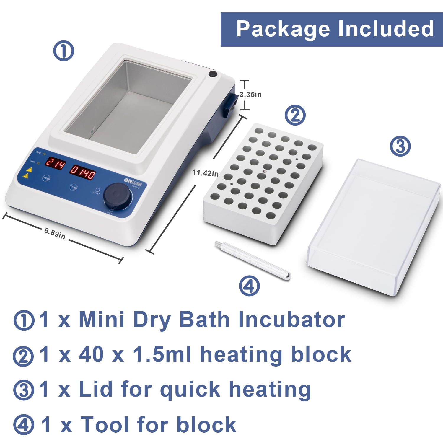 ONiLAB Scientific Dry Bath Incubator with 40 x1.5ml Aluminium Heating Block, LED Display, Timer Control, Temperature 15°C to 120°C， ± 0.5°C Accuracy,Various Blocks for Selecting(Order seperately)