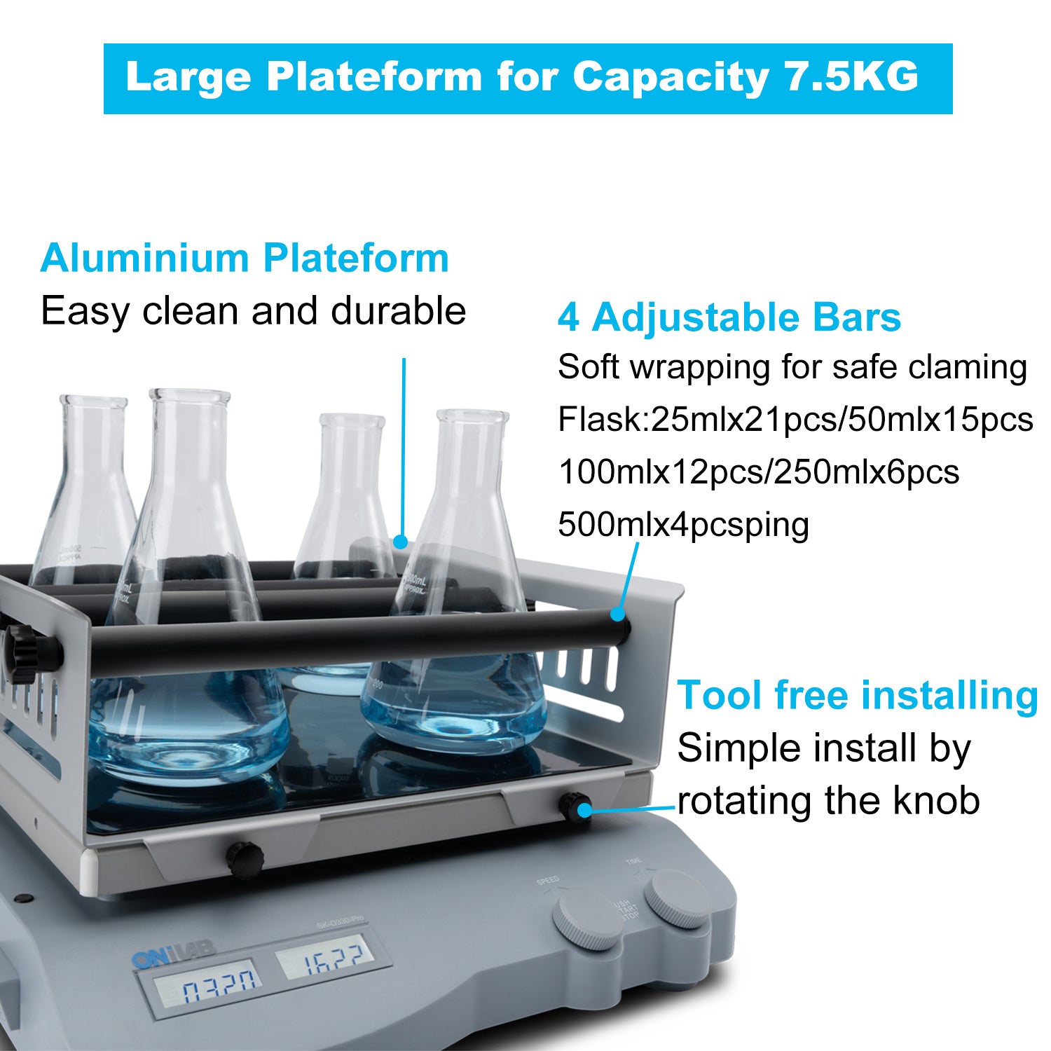 ONiLAB Digital Orbital Shaker Adjustable Speed 100-500RPM, Capacity 7.5KGS,Orbital Rotator Shaker with Continuous Mode(do not Start time) or Timer Mode, LCD Display,Various Optional Platforms…