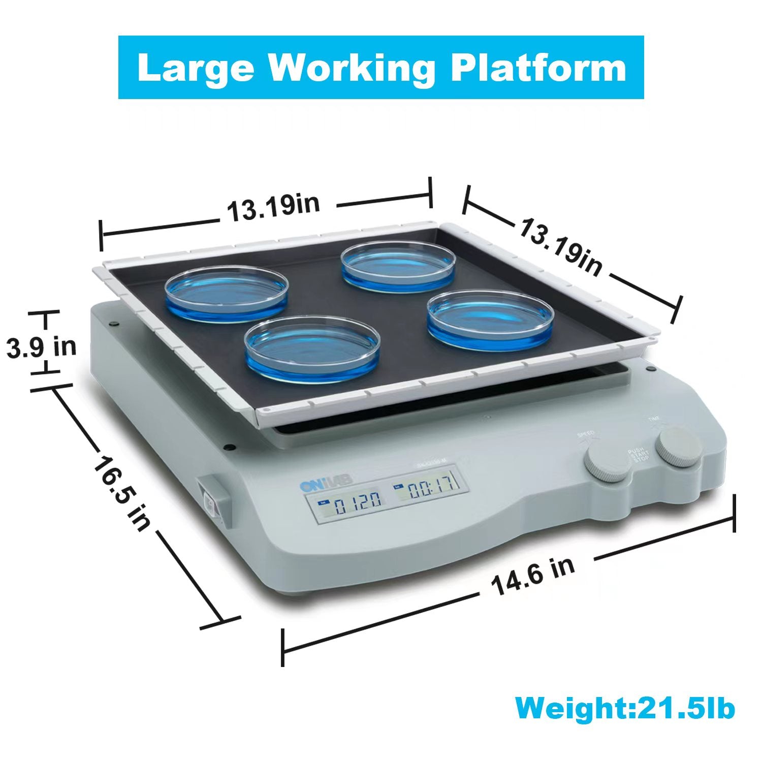 ONiLAB Digital Orbital Shaker Adjustable Speed 70-400RPM, Capacity 3KGS,Orbital Rotator Shaker with Continuous Mode(Set time to Zero) or Timer Mode, LCD Display Speed and time, Labs and Classrooms