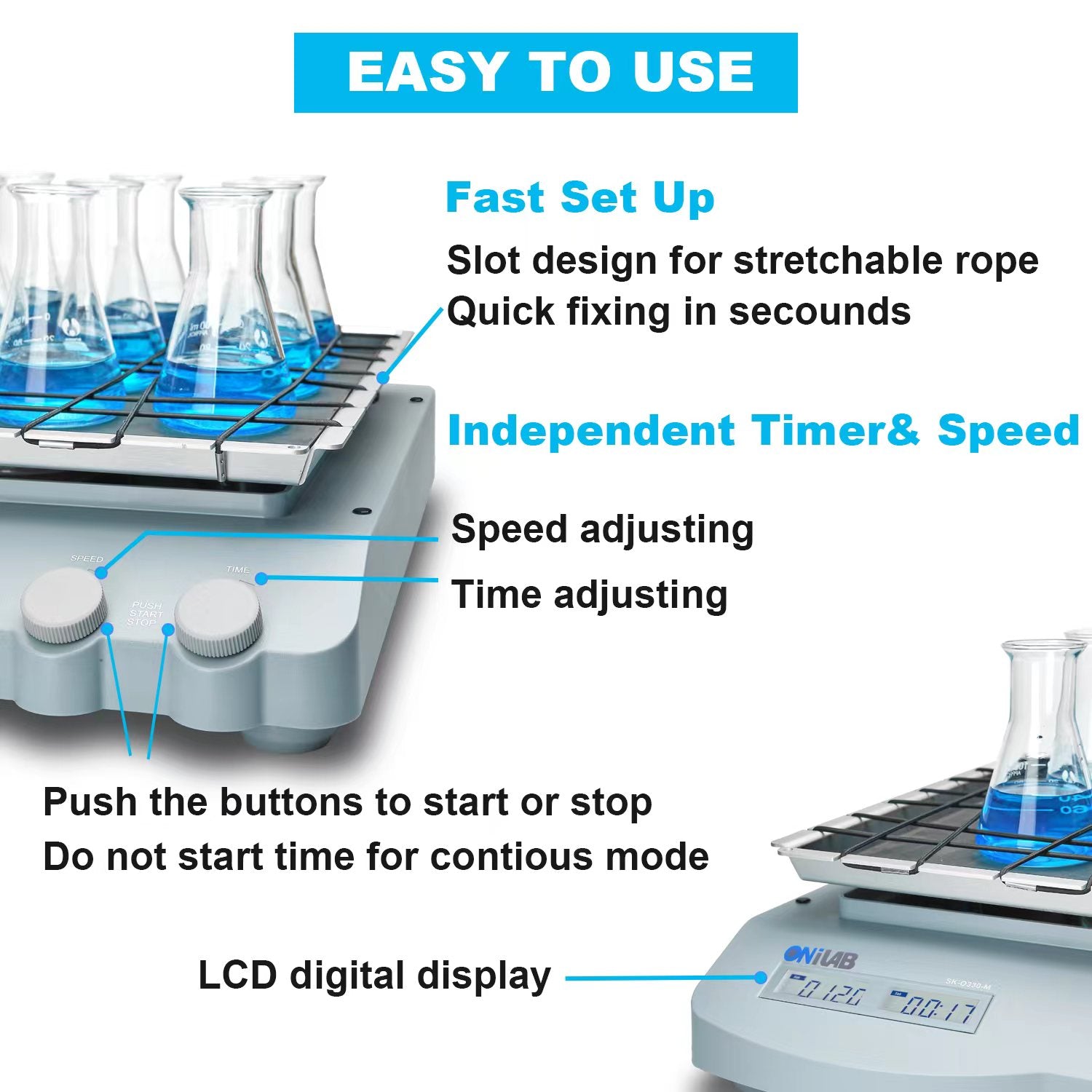 ONiLAB Digital Orbital Shaker Adjustable Speed 70-400RPM, Capacity 3KGS,Orbital Rotator Shaker with Continuous Mode(Set time to Zero) or Timer Mode, LCD Display Speed and time, Labs and Classrooms