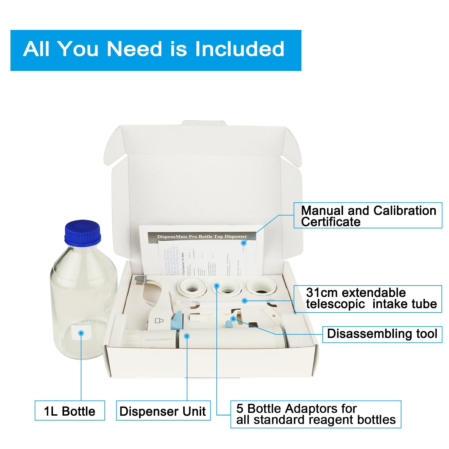 ONiLAB Bottle Top Dispenser Range from 0.5mL to 100mL with 5 Volumes , Include 1L Round Media Storage Bottle